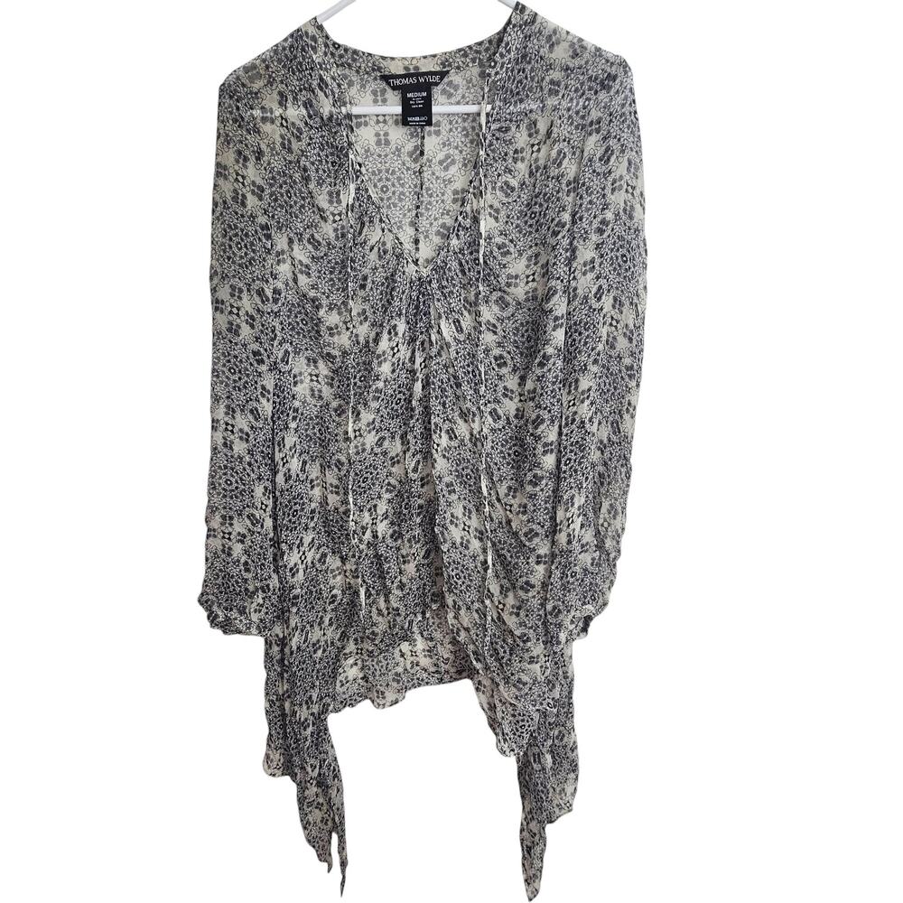 Thomas Wylde Womens Silk Top Sz M Geometric Artsy Sheer Asymmetric Hem Designer